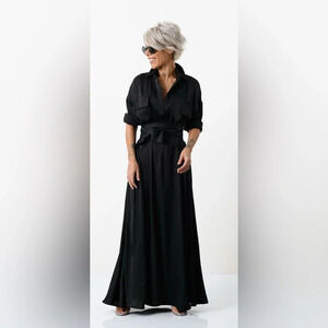 Locker Room ELEGANT MAXI BLACK SHIRT DRESS WITH VEGAN LEATHER BELT Size S/M/L/XL